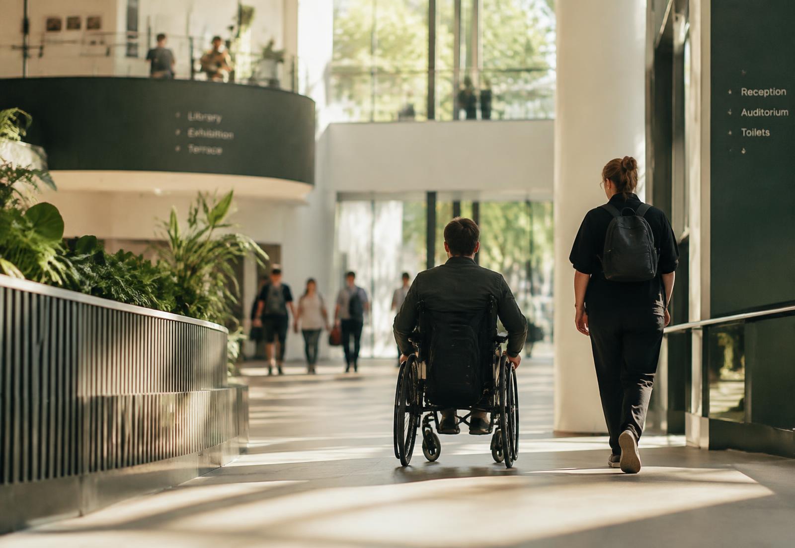 A wheelchair user and a pedestrian moving through a bright, step-free building atrium